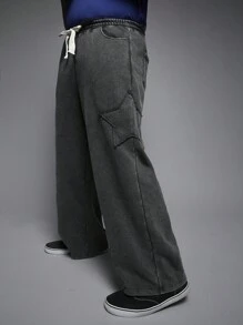 EASEVO Plus Size Men's Loose Streetwear Five-Pointed Star Acid-Washed Embroidery Long Casual Sweatpants - Multicolor - View 4