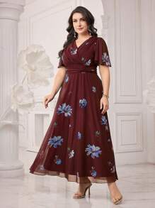 Modelyn 大码春夏花卉印花系带中长连衣裙，优雅晚会长连衣裙 - 酒紅色 - 查看 5
