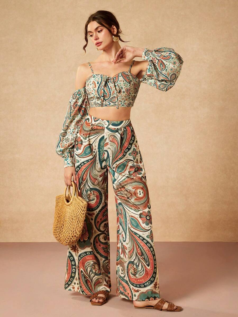 Dé Johnea Bianca Designer Boho Bohemian Retro Print High Waist Pocket Wide Leg Casual Pants For Spring Summer Vacation Beach Cruise, Festival, Ibiza Fits - Multicolor - View 1