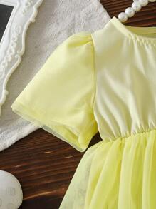 Baby Girl Yellow Simple Bodysuit With Bubble Mesh Sleeves And Mesh Hem Decor, Essential Daily Outfit For Summer - Yellow - View 5