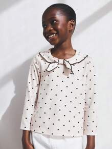 SHEIN Young Girls Bow Knot Collar Beige Polka Dot Long Sleeve Fitted T-Shirts, Countryside Style For Daily Wear