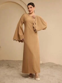 Graceveil Women's Embroidered Bell Sleeve Modest Elegant Wrap Waist Arabic Style Dress