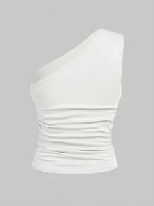 SHEIN Girlism Débardeur asymétrique décontracté à col plissé de couleur unie pour adolescentes