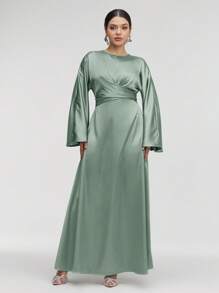 Veilorie 女士纯色缎面优雅收腰连衣裙，优雅晚会长裙 - 綠色 - 查看 7