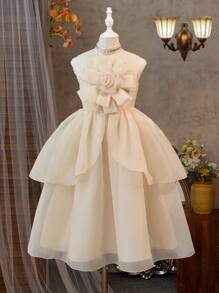 SHEIN Tween-Mädchen Elegantes Organza-Kleid mit Blumenmuster, Stehkragen und doppellagigem Saum aus Jacquard - Aprikosenfarben - Übersicht 11