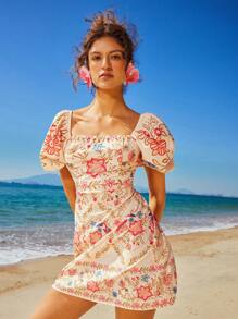 Travachic Woven Printed Spaghetti Strap Women Mini Dress,Cream Summer Boho Flowy Holiday Vacation Holiday,Spring Beach Outfits,Concert Rave Tropical Western - Blue and White - View 3