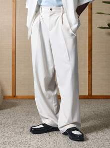 SUMWON 设计师宽腿褶皱西装裤专业商务办公装宽松正装长裤优质亚麻混纺定制男装春夏