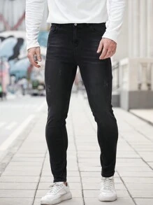 Manfinity Homme Men's Black Skinny Distressed Jeans - Black - View 6