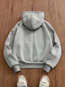 Manfinity Unisex Men's Casual Embroidered English Text Loose Knitted Zip Up Hoodie, Fall, Winter, Couple Things, Long Sleeve Top - Grey - View 5