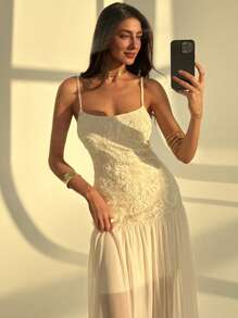 Aloruh Váy không tay thêu hoa ren cổ chữ V thanh lịch, ngọt ngào và thon gọn - Màu be - Xem 7