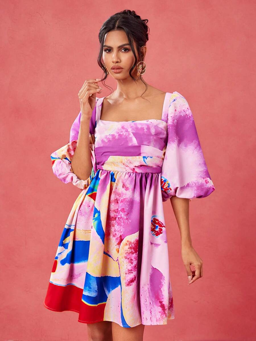 EBIB Designer Boho Bohemian Spring Summer Resort Floral Print Puff Sleeve Knit Mini Dress Elegant Dress Wedding Season Vacation Sundress, Festival, Concert Outfit, Spring Break, Ibiza Fits Resort Outfits Women Spring Dresses For Woman Resort Wear 2025 Women's Spring Dresses New Arrivals Women Dress, Rave, Prom Dress Resort Dresses For Women Spring Dresses For Women Spring Dresses Women Spring Dresses Women Summer Set Resort Wear For Women - Multicolor - View 1