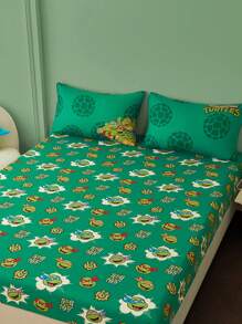 TEENAGE MUTANT NINJA TURTLES | SHEIN 1pc Cartoon & Letter Pattern Green Fitted Sheet,Suitable For Children Single/Double/Queen/King Bed - Green - View 2
