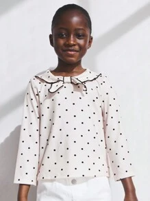 SHEIN Young Girls Bow Knot Collar Beige Polka Dot Long Sleeve Fitted T-Shirts, Countryside Style For Daily Wear