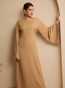 Graceveil Women's Embroidered Bell Sleeve Modest Elegant Wrap Waist Arabic Style Dress