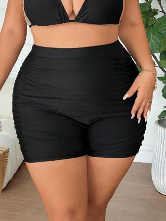 SHEIN CURVE+ 大码女式纯色褶皱比基尼泳裤，适合夏季度假