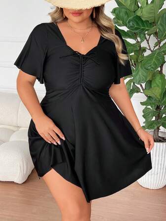 SHEIN CURVE+ Plus Size Kvinnor Modest Mage Control Kortärmad Dragsko Främre Badklänning & hög midja nederdel, Semester Sommar Strandkläder