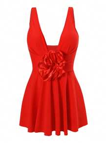 SHEIN Swim 女士优雅纯色 V 领荷叶边泳衣 - 紅色 - 查看 2
