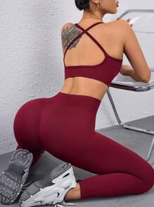 Easithlete Red Date Color Yoga Racerback Tank Top & High Waist Pants Set, & Stylish Yoga Outfit - Burgundy - View 1