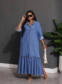 SHEIN Lady Plus Size Damska Sukienka Jeansowa Długi Rękaw Luźna Niebieska Sukienka Koszulowa Sukienka Z Rozcięciem z Boku Sukienka Z Falbanką Sukienka Plus Długość Stroje Letnie Dla Kobiet Stroje Wakacyjne Damskie Romantyczne Sukienki Letnie Sukienki Dla Kobiet Sukienki Wiosenne Dla Kobiet Stroje Cowgirl Dla Kobiet Stroje Boho Rave Festiwal