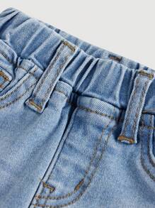 SHEIN Baby Girl 2025 New Y2K Blue Elastic Waist Pocket Casual Denim Jeans, Daily Wear, Fall And Winter ,Cool/Girls Thanksgiving, Kid Girls Spring And Summer Casual Vacation Country Boho Wear, Beach For Kid Girls, Western Street Wear For Girl, Spring Break, Rave Festival Denim Bell Bottom - Light Wash - View 3