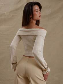 MUSERA Knit Bardot Off Shoulder Wrap Around Fitted Bell Sleeve Jumper Elegant Valentine Day For Spring Evening Party Elegant - Beige - View 4