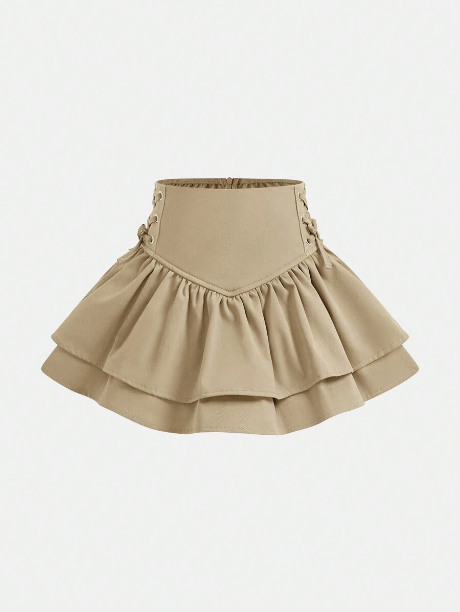 Jupe décontractée à double couche pour jeune fille avec ourlet à volants et nœud sur le côté, idéale pour un port décontracté et quotidien, en automne et en hiver. Assortie à la mère et à la sœur - Kaki - Voir 1