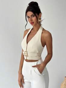 Firerie Top de mujer de escote en V y tirantes en color albaricoque con cinturón, elegante/para trabajo/casual/vacaciones/fiesta/cita/sexy - Albaricoque - Ver 5