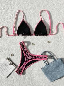 Swim Vcay 2025春假印花随机露背豹纹性感露脐上衣和侧系带比基尼泳裤 - 玫紅色 - 查看 2