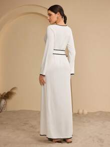 Graceveil Women Round Neck Pullover Modest Belted Arabic Style Dress For Daily Wear