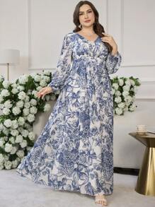 Modelyn Romantic Floral Print V-Neck Long Sleeve A-Line Dress, Regular Fit, Spring & Summer Fall Cloth For Women - Multicolor - View 6