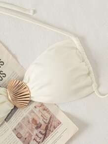 Swim Mod Springbreak Women's New Fashionable Solid Color Spaghetti Strap Metal Accessory Solo Bikini Top, Festival Boho - Beige - View 4