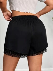 SHEIN Clasi Plus Size Solid Color Front Button Hollow Splice Simple Casual Shorts - Black - View 2