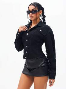 INAWLY Women's Casual Minimalist Waist Cinched Short Denim Jacket - Black - View 2