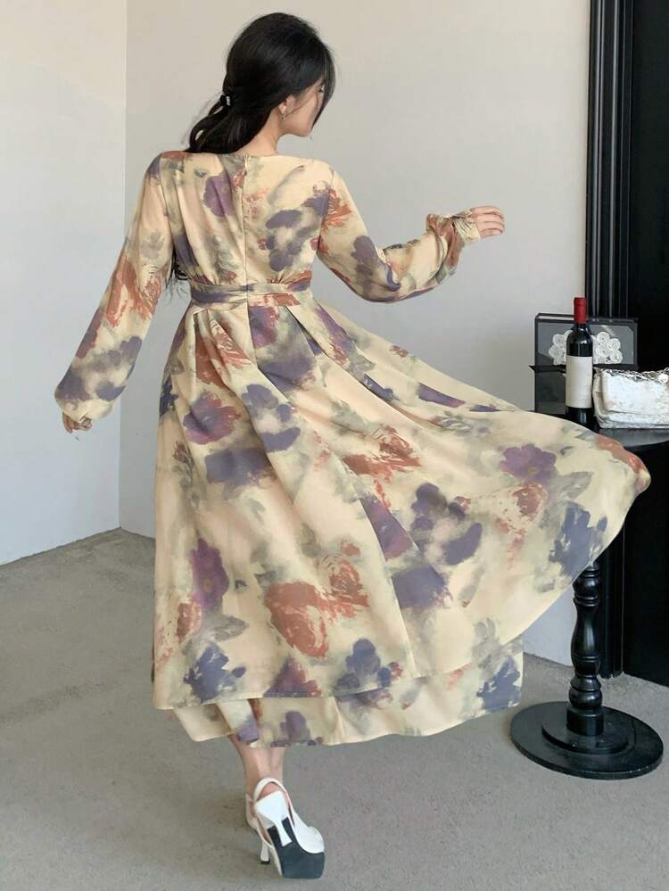 Women's V-Neck Long Sleeve Tie Dye Print Dress,Fall Dress Vacation Outfits Women Floral Boho