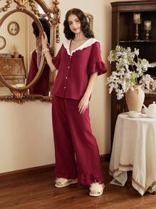 Côtesoire French Retro Peter Pan Collar Ruffled Trim Women Pajama Set Holidayseason