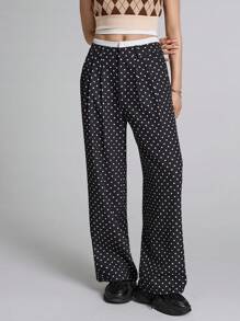 Easelle Pantalón casual de trabajo de las mujeres con vestido plisado a lunares, negro