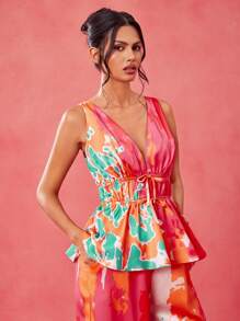 Eva Novielli Designer Boho Bohemian Satin All-Over Printed Colorful Elastic Waist Deep V Summer Top Vacation, Festival, Ibiza Fits - Multicolor - View 5
