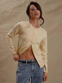 MUSERA Crew Neck Button Down Ribbed Cuff Long Sleeve Fitted Cardigan Spring Cute Y2k For Spring Casual Cute 90's Sun Butter Yellow Butter Wouldn't Melt Holiday Airport  Chic - Yellow - View 1