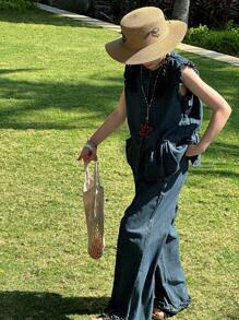 DAZY Tween Girl Sleeveless Denim Outfit, Spring/Summer Vacation - Dark Wash - View 3