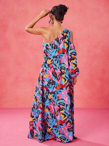 JIAN LASALA Vrouwen Multicolor Maxi-jurken Boho Asymmetrische Hals Lange Mouw Tropisch, All-over Print Asymmetrisch, Volant, Split Dij Zomeroutfits voor Vrouwen Zomerjurk Vrouwen Vakantie-outfits Uitgaan, Strandoutfits voor Vrouwen