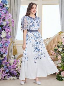 Midi-Kleid mit Blume Muster, V-Ausschnitt und Puffärmeln, tailliertes Kleid für Teenager-Mädchen, für Frühling/Sommer