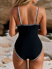 SHEIN Swim Đồ bơi một mảnh viền đen trắng cổ chữ V tua rua gợi cảm thanh lịch, trang phục đi biển cho phụ nữ, cho kỳ nghỉ hè - Đen và trắng - Xem 3