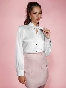 COSMINA Women's White Bowknot Blouse Elegant Office Commuting Top, Spring/Summer - White - View 5