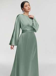 Veilorie 女士纯色缎面优雅收腰连衣裙，优雅晚会长裙 - 綠色 - 查看 5