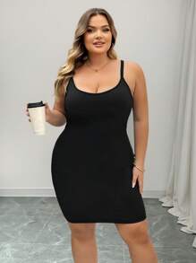 SHEIN CURVE+ Plus Size Women's Black Adjustable Shoulder Strap Bodycon Dress, Shaping Bodice And Hips - Black - View 6