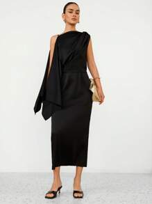 Aveloria Modichic Commuter Asymmetrical Neckline Spaghetti Strap Sleeveless Ruffle Falbala Ruched Mock Dress For Women - Black - View 1