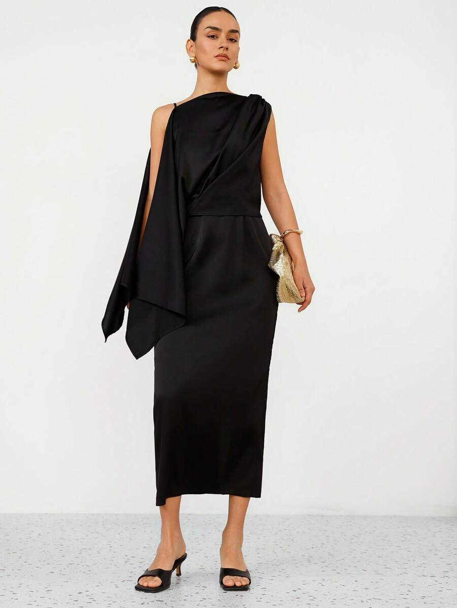 Aveloria Modichic Commuter Asymmetrical Neckline Spaghetti Strap Sleeveless Ruffle Falbala Ruched Mock Dress For Women - Black - View 1