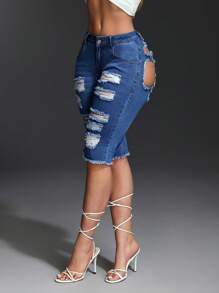 SHEIN SXY 女士休闲破洞低腰牛仔裤 - 藍色 - 查看 3