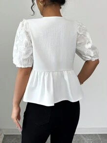 Elenzga 女士白色提花拼接系带泡泡袖衬衫 - 白色 - 查看 2