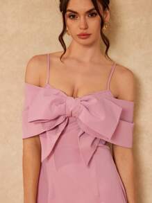 Gabriela Silveira Vestido maxi elegante y sofisticado de color rosa pastel con gran lazo 3D y volantes en el bajo, apto para fiestas, conciertos, eventos formales, bodas, fiestas de cumpleaños y verano